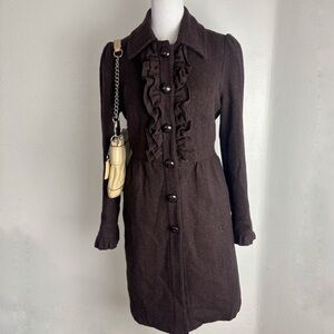 Forever Classic Brown Ruffle Front Wool Blend Coat Size M
